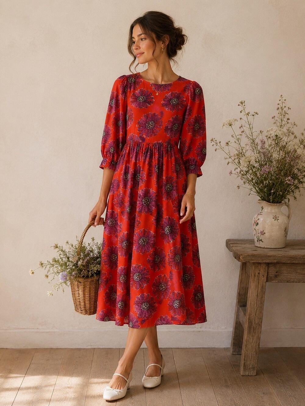 Orange Floral Midi Dress Cottagecore Prairie Empire Waist 3/4 Sleeve Boho S